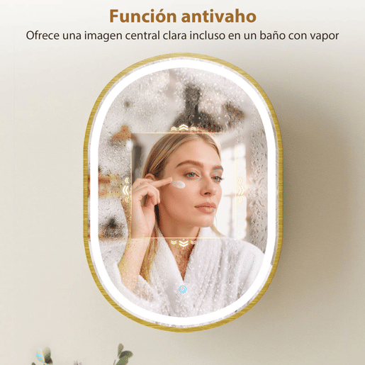 HOMCOM Armário de Casa de Banho com Espelho e Luzes LED de 3 Cores, Armário de Parede Oval com Memória e Função Antivapor, Brilho Ajustável, Controlo Tátil, Prateleiras Ajustáveis, Dourado