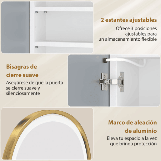 HOMCOM Armário de Casa de Banho com Espelho e Luzes LED de 3 Cores, Armário de Parede Oval com Memória e Função Antivapor, Brilho Ajustável, Controlo Tátil, Prateleiras Ajustáveis, Dourado