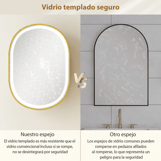 HOMCOM Armário de Casa de Banho com Espelho e Luzes LED de 3 Cores, Armário de Parede Oval com Memória e Função Antivapor, Brilho Ajustável, Controlo Tátil, Prateleiras Ajustáveis, Dourado