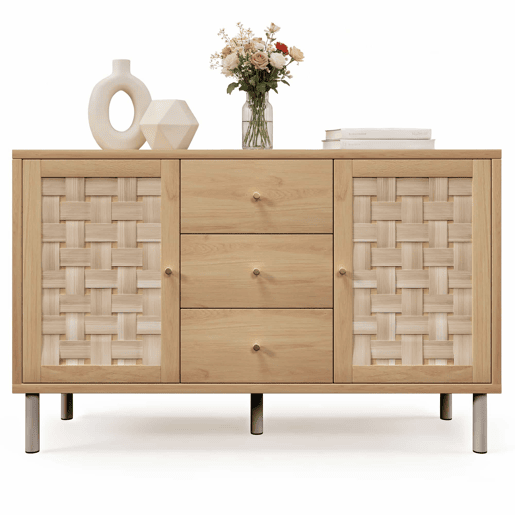 Aparador 120 x 40 x 75 cm - 2 portas, 3 gavetas, prateleiras ajustáveis, pés metálicos, antiderrapante, para sala de estar, corredor, cozinha - carvalho