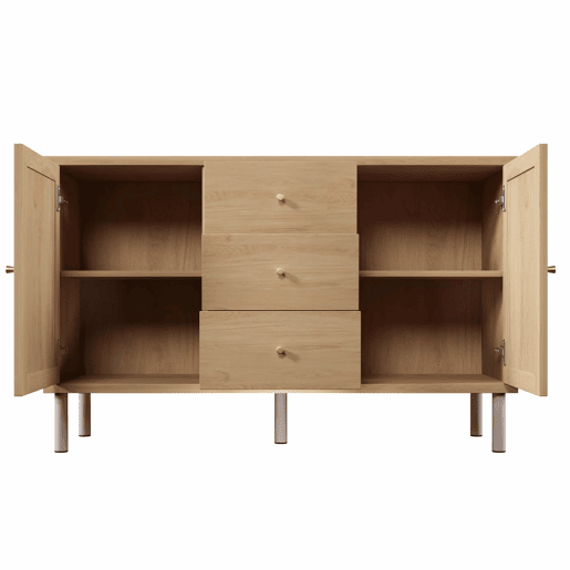 Aparador 120 x 40 x 75 cm - 2 portas, 3 gavetas, prateleiras ajustáveis, pés metálicos, antiderrapante, para sala de estar, corredor, cozinha - carvalho
