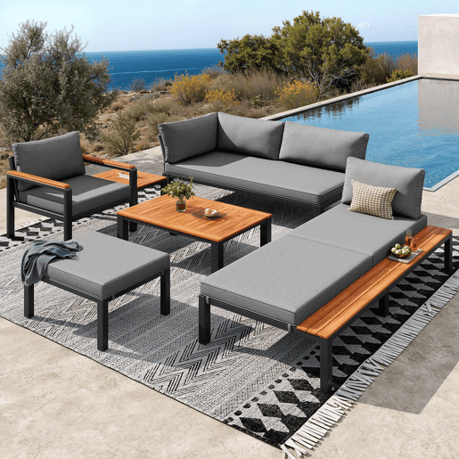 Conjunto de mobiliário de exterior modular - combinação livre, estrutura metálica robusta, almofadas respiráveis e mesas de madeira - cinzento