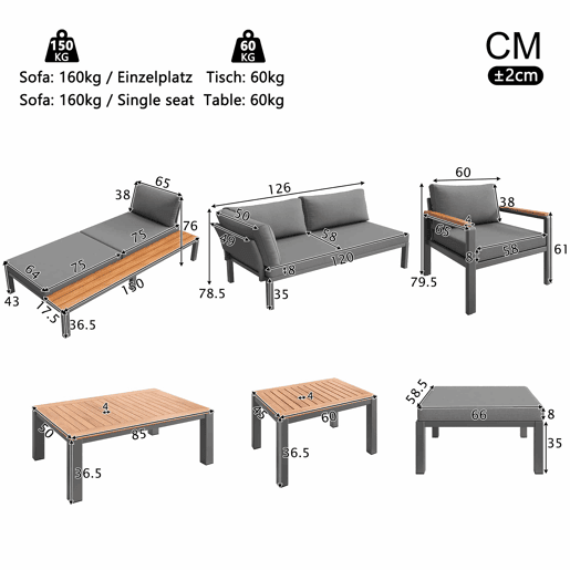 Conjunto de mobiliário de exterior modular - combinação livre, estrutura metálica robusta, almofadas respiráveis e mesas de madeira - cinzento