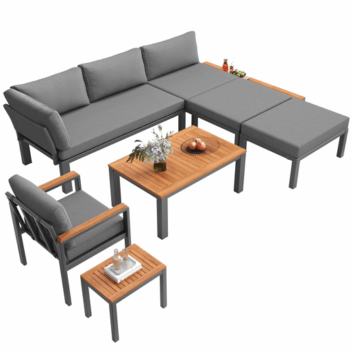 Conjunto de mobiliário de exterior modular - combinação livre, estrutura metálica robusta, almofadas respiráveis e mesas de madeira - cinzento