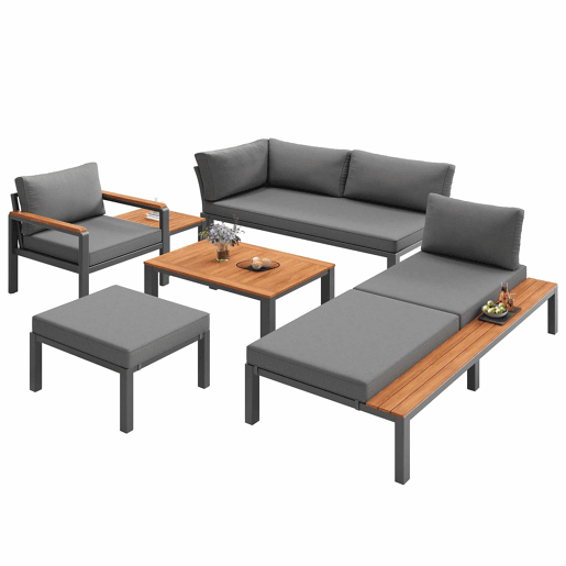 Conjunto de mobiliário de exterior modular - combinação livre, estrutura metálica robusta, almofadas respiráveis e mesas de madeira - cinzento