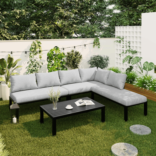 Conjunto de jardim para 6 pessoas - cadeiras modulares com encosto removível e pés ajustáveis, mesa em ferro galvanizado - cinzento