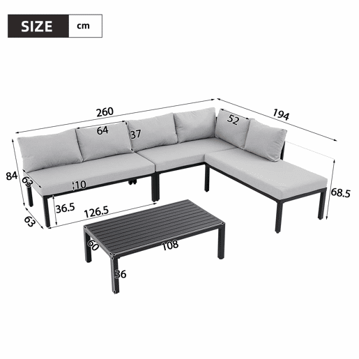 Conjunto de jardim para 6 pessoas - cadeiras modulares com encosto removível e pés ajustáveis, mesa em ferro galvanizado - cinzento