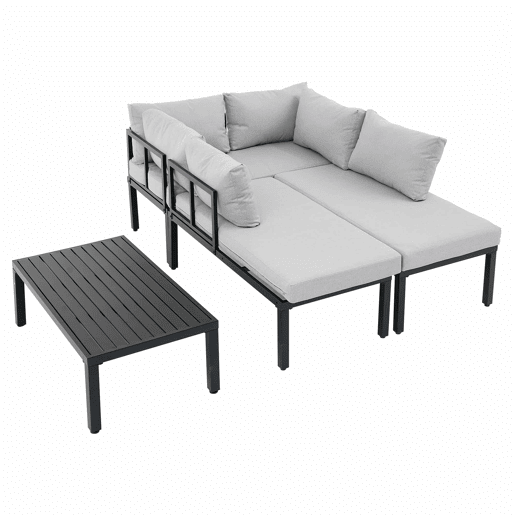 Conjunto de jardim para 6 pessoas - cadeiras modulares com encosto removível e pés ajustáveis, mesa em ferro galvanizado - cinzento