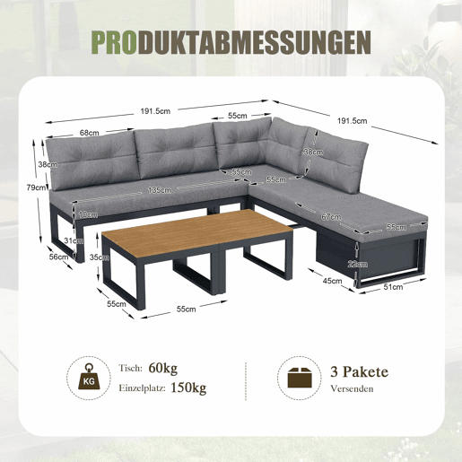 Conjunto de móveis de jardim - 3 posições reclináveis, almofadas grossas, arrumação, capa resistente às intempéries - Cinza escuro