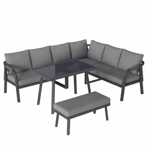 Conjunto de jantar de jardim para 8 pessoas - sofá de canto, mesa de jantar e banco, braços e encosto trançados, estrutura em aço galvanizado - cinzento