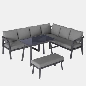 Conjunto de jantar de jardim para 8 pessoas - sofá de canto, mesa de jantar e banco, braços e encosto trançados, estrutura em aço galvanizado - cinzento