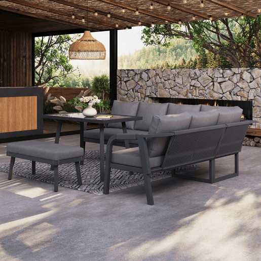 Conjunto de jantar de jardim para 8 pessoas - sofá de canto, mesa de jantar e banco, braços e encosto trançados, estrutura em aço galvanizado - cinzento
