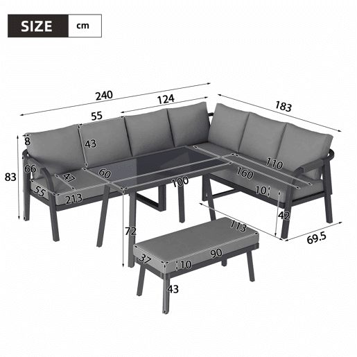 Conjunto de jantar de jardim para 8 pessoas - sofá de canto, mesa de jantar e banco, braços e encosto trançados, estrutura em aço galvanizado - cinzento