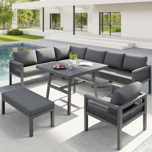 Conjunto de sofás de jardim L 8 lugares - Estrutura em ferro, almofadas cinzentas, mesa em mármore e 2 poltronas - Cinza