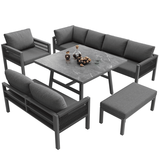 Conjunto de sofás de jardim L 8 lugares - Estrutura em ferro, almofadas cinzentas, mesa em mármore e 2 poltronas - Cinza