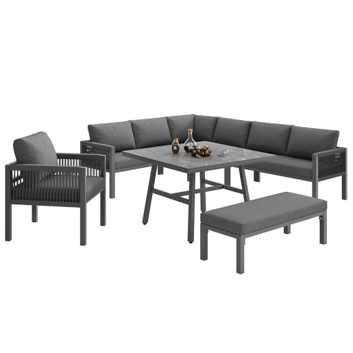 Conjunto de sofás de jardim L 8 lugares - Estrutura em ferro, almofadas cinzentas, mesa em mármore e 2 poltronas - Cinza