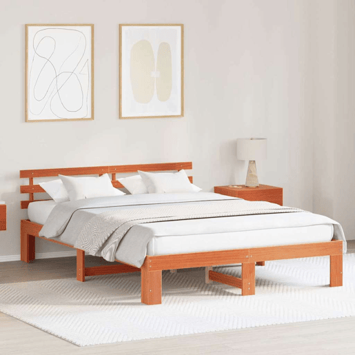 Estrutura de cama de casal simple com cabeceira - Marrom Cera 160 x 200 cm