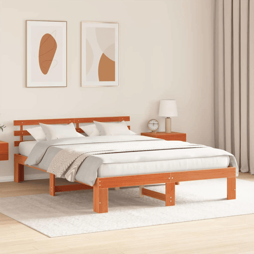 Estrutura de cama de casal simple com cabeceira - Marrom Cera 160 x 200 cm