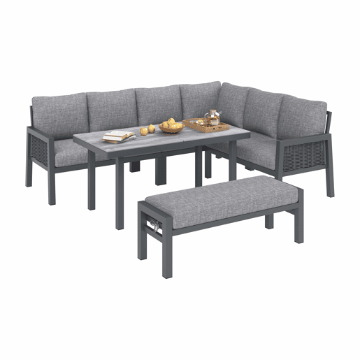 Conjunto de jantar de jardim para 8 pessoas - Conjunto de canto, estrutura em ferro galvanizado, mesa de vidro, corda trançada em PE feita à mão, inclui mesa, bancos e sofás - Cinza