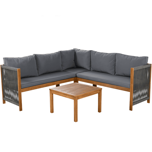 Conjunto de mobiliário de jardim - Sofá de canto + Mesa de centro - Estrutura em acácia, tampo da mesa em acácia, corda trançada - Cinza