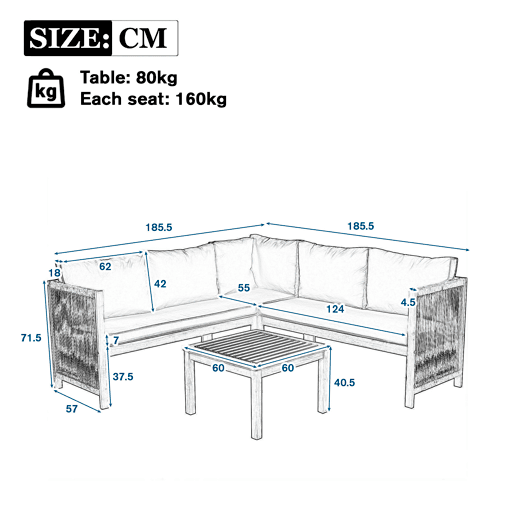 Conjunto de mobiliário de jardim - Sofá de canto + Mesa de centro - Estrutura em acácia, tampo da mesa em acácia, corda trançada - Cinza