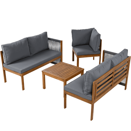 Conjunto de mobiliário de jardim - Sofá de canto + Mesa de centro - Estrutura em acácia, tampo da mesa em acácia, corda trançada - Cinza