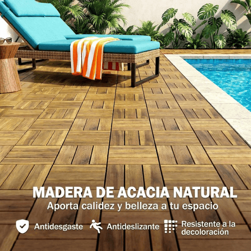 Outsunny Conjunto de 10 Estrados de Exterior em Madeira de Acácia, 31x31 cm, 0,91 m² Estrados para Terraço Exterior Antiderrapante e Resistente ao Clima com Instalação Fácil Madeira