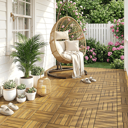 Outsunny Conjunto de 10 Estrados de Exterior em Madeira de Acácia, 31x31 cm, 0,91 m² Estrados para Terraço Exterior Antiderrapante e Resistente ao Clima com Instalação Fácil Madeira