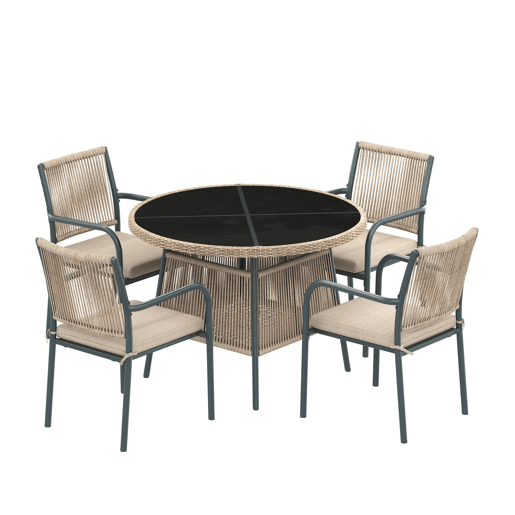 Conjunto de jardim para 4 pessoas - mesa redonda de vidro e 4 cadeiras de vime - cinza
