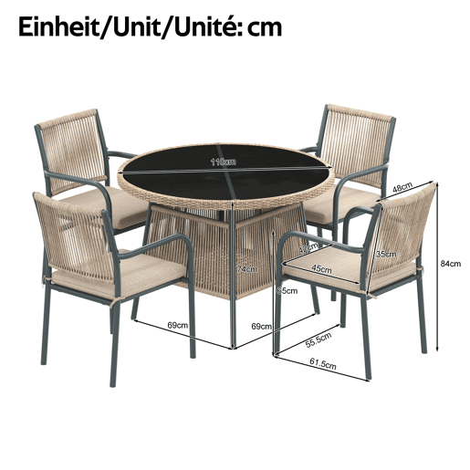 Conjunto de jardim para 4 pessoas - mesa redonda de vidro e 4 cadeiras de vime - cinza