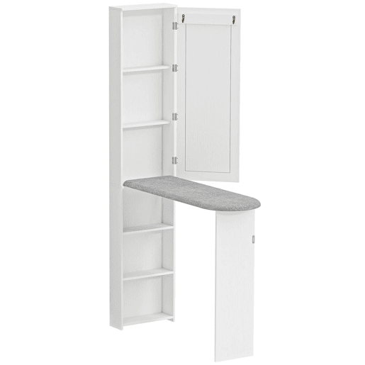 HOMCOM Móvel de Engomar com Espelho Tábua de Engomar Dobrável Armário com 6 Compartimentos 2 Ganchos para Espaços Pequenos 107x35x174 cm Branco