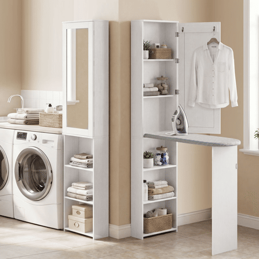 HOMCOM Móvel de Engomar com Espelho Tábua de Engomar Dobrável Armário com 6 Compartimentos 2 Ganchos para Espaços Pequenos 107x35x174 cm Branco
