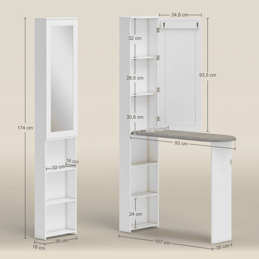 HOMCOM Móvel de Engomar com Espelho Tábua de Engomar Dobrável Armário com 6 Compartimentos 2 Ganchos para Espaços Pequenos 107x35x174 cm Branco