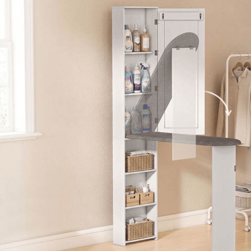 HOMCOM Móvel de Engomar com Espelho Tábua de Engomar Dobrável Armário com 6 Compartimentos 2 Ganchos para Espaços Pequenos 107x35x174 cm Branco