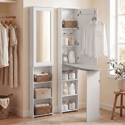 HOMCOM Móvel de Engomar com Espelho Tábua de Engomar Dobrável Armário com 6 Compartimentos 2 Ganchos para Espaços Pequenos 107x35x174 cm Branco