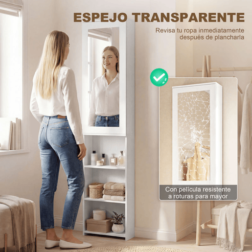 HOMCOM Móvel de Engomar com Espelho Tábua de Engomar Dobrável Armário com 6 Compartimentos 2 Ganchos para Espaços Pequenos 107x35x174 cm Branco