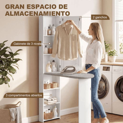 HOMCOM Móvel de Engomar com Espelho Tábua de Engomar Dobrável Armário com 6 Compartimentos 2 Ganchos para Espaços Pequenos 107x35x174 cm Branco