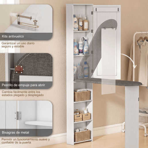 HOMCOM Móvel de Engomar com Espelho Tábua de Engomar Dobrável Armário com 6 Compartimentos 2 Ganchos para Espaços Pequenos 107x35x174 cm Branco