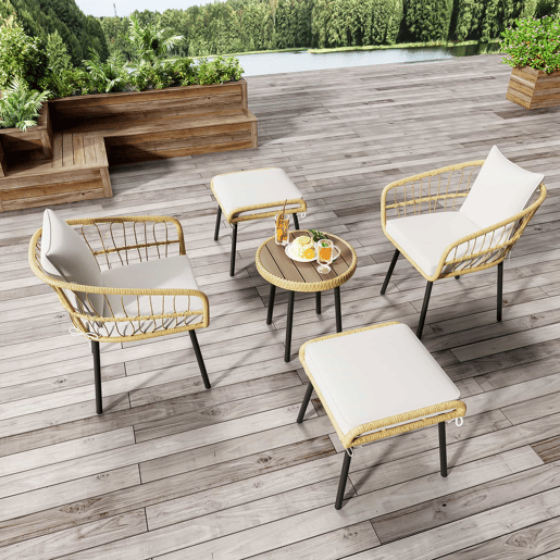 Conjunto de jardim de 5 peças - 1 mesa, 2 cadeiras, 2 bancos, rattan - branco + natural