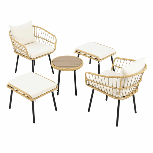 Conjunto de jardim de 5 peças - 1 mesa, 2 cadeiras, 2 bancos, rattan - branco + natural