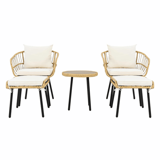Conjunto de jardim de 5 peças - 1 mesa, 2 cadeiras, 2 bancos, rattan - branco + natural