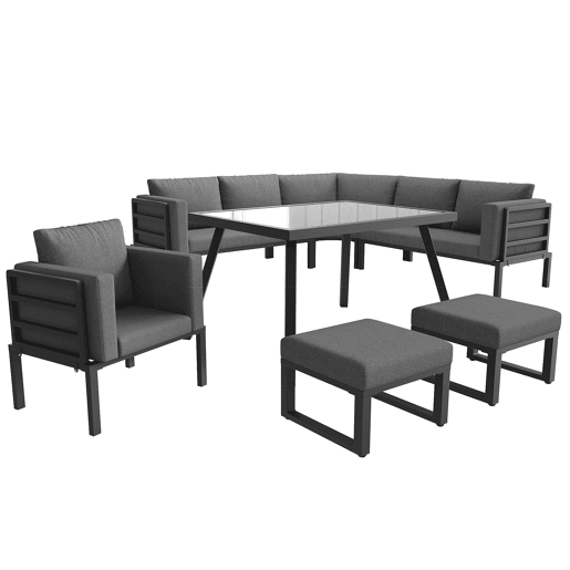 Conjunto de sofás de jardim para 8 pessoas - Forma de meia-lua, estrutura de ferro, almofadas cinzentas - Cinza