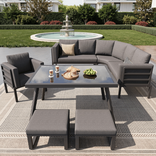 Conjunto de sofás de jardim para 8 pessoas - Forma de meia-lua, estrutura de ferro, almofadas cinzentas - Cinza