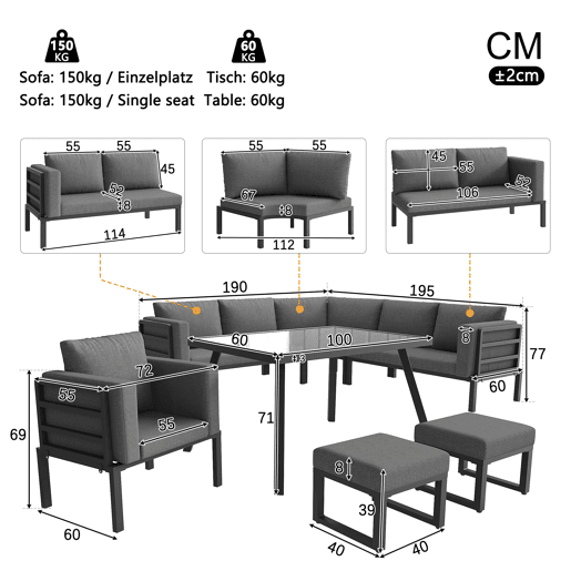 Conjunto de sofás de jardim para 8 pessoas - Forma de meia-lua, estrutura de ferro, almofadas cinzentas - Cinza