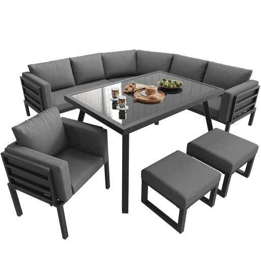 Conjunto de sofás de jardim para 8 pessoas - Forma de meia-lua, estrutura de ferro, almofadas cinzentas - Cinza