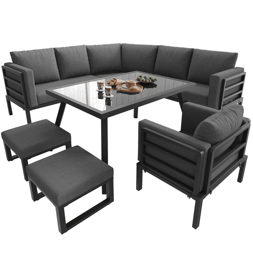 Conjunto de sofás de jardim para 8 pessoas - Forma de meia-lua, estrutura de ferro, almofadas cinzentas - Cinza