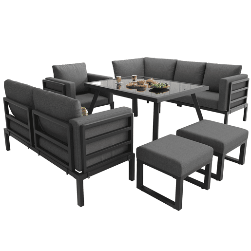Conjunto de sofás de jardim para 8 pessoas - Forma de meia-lua, estrutura de ferro, almofadas cinzentas - Cinza