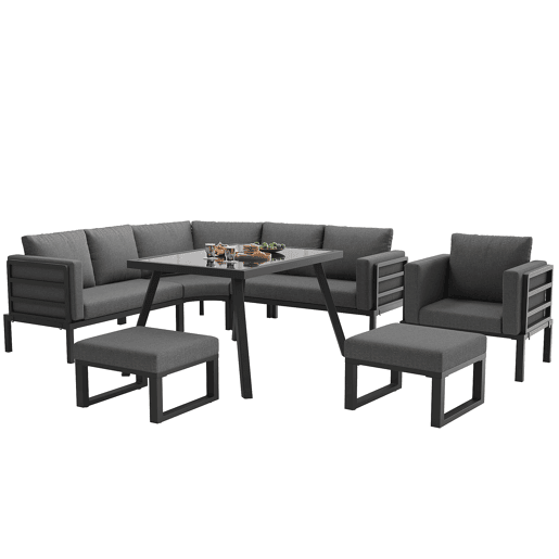 Conjunto de sofás de jardim para 8 pessoas - Forma de meia-lua, estrutura de ferro, almofadas cinzentas - Cinza