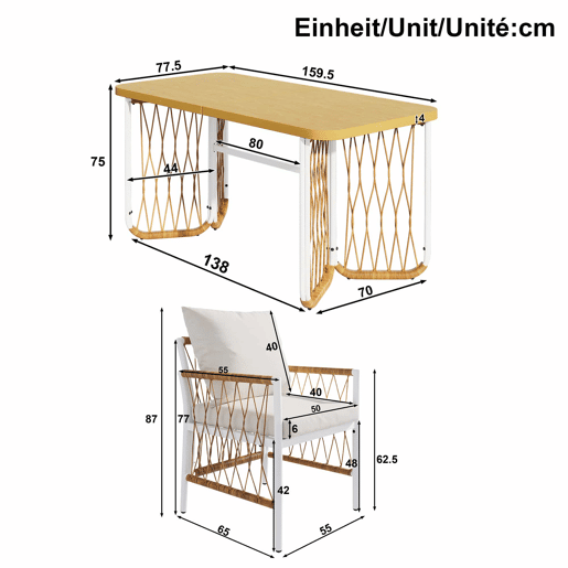 Conjunto de jardim exterior para várias pessoas - estrutura em ferro, braços trançados, almofadas incluídas - begecastanhonatural