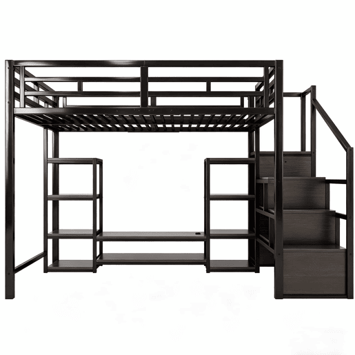 Beliche alto 140x200 - suporte para TV, tomada, escada de segurança, arrumação, combinação de metal e madeira - Preto
